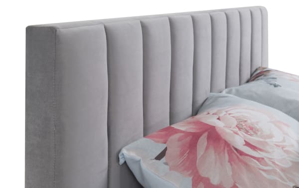 Gray Aster Full Panel Bed headboard with vertical tufting, soft polyester fabric upholstery, and transitional style for modern or classic bedrooms.