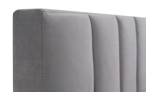 Gray Aster Full Panel Bed headboard with vertical tufting, soft polyester fabric upholstery, and thick padded side rails in transitional style