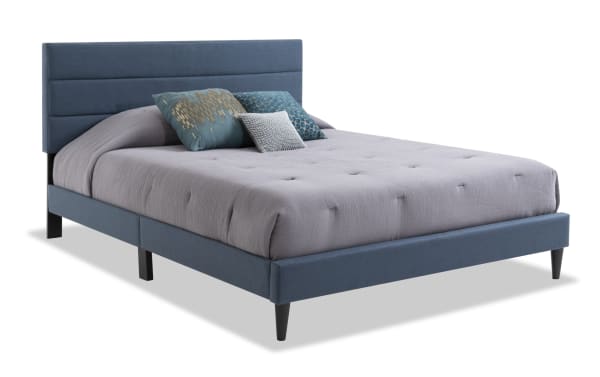 Lowell Full Blue Upholstered Platform Bed with polyester fabric, horizontal tufting, transitional style, slat roll, and center support legs for durability.