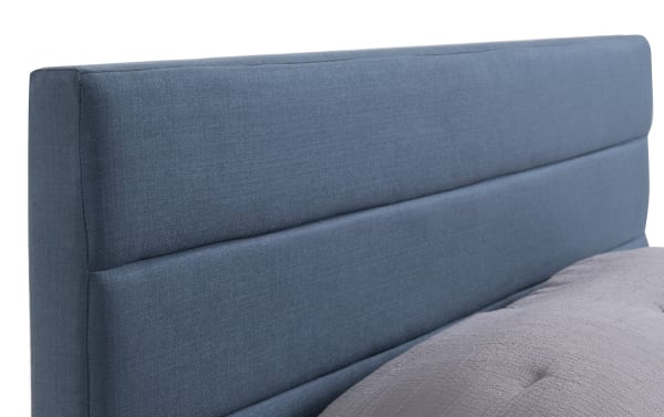 Lowell Full Blue Upholstered Platform Bed with blue polyester fabric, horizontal tufting, and transitional style headboard for durable, stylish bedroom décor.