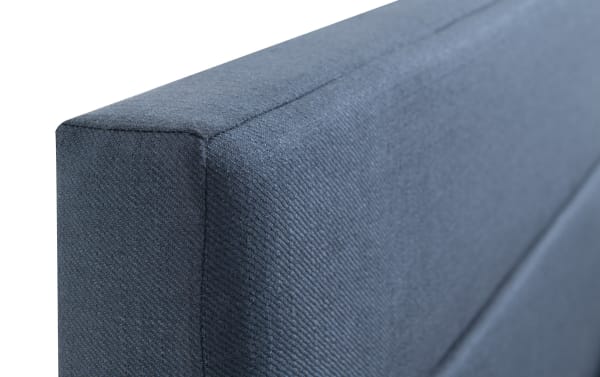 Lowell Full Blue Upholstered Platform Bed headboard with blue polyester fabric, horizontal tufting, and transitional style upholstery.