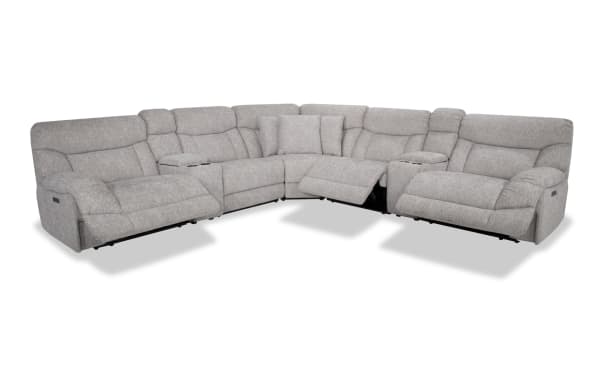 Everest Light Gray 136'' Power Reclining 7 Piece Sectional with power headrests, USB ports, storage console, and soft polyester fabric upholstery.
