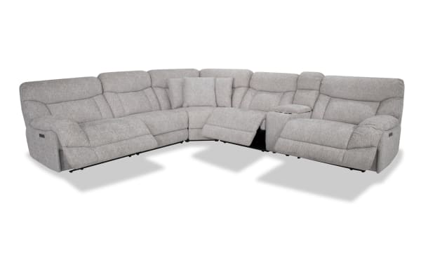 Everest Light Gray 136'' Power Reclining 6 Piece Sectional with Power Headrest, contemporary light gray polyester fabric, includes accent pillows, USB charging ports, and storage console.