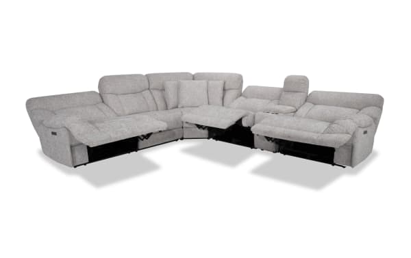 Everest Light Gray 136'' Power Reclining 6 Piece Sectional with Power Headrest in soft polyester fabric. Contemporary gray fabric sectional with power recline, power headrests, USB charging ports, and storage console, featuring plush cushions and accent pillows for enhanced comfort.