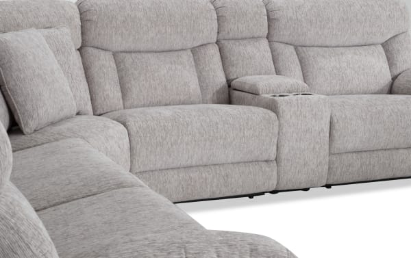 Everest Light Gray 136'' Power Reclining 6 Piece Sectional with power headrests, USB ports, and storage console in soft polyester fabric, contemporary style.