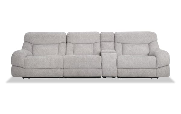 Everest Light Gray 129'' Power Reclining Sofa with Armless Chair & Power Headrest in soft polyester fabric. Contemporary gray sectional with memory foam cushions, USB charging ports, and storage console for enhanced comfort and convenience.