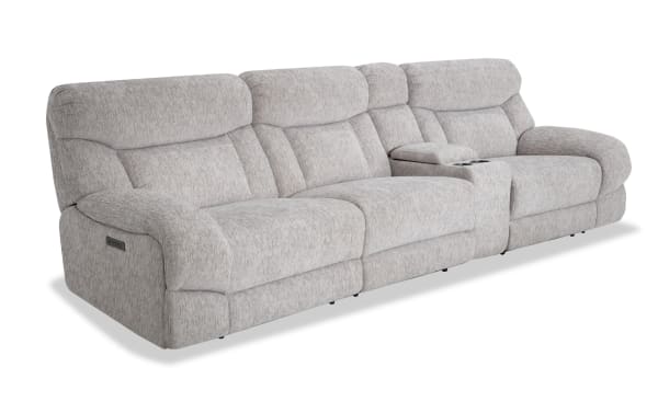Everest Light Gray 129'' Power Reclining Sofa with Armless Chair and Power Headrest in soft polyester fabric, contemporary style with plush cushions and USB charging ports.
