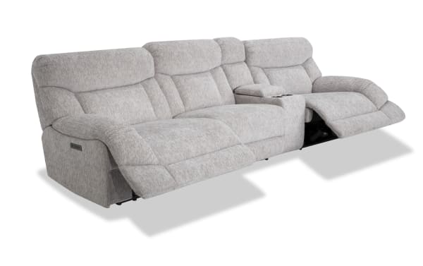 Everest Light Gray 129'' Power Reclining Sofa with Armless Chair & Power Headrest, contemporary gray polyester fabric with memory foam, USB ports, and storage console.