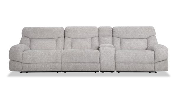 Everest Light Gray 129'' Power Reclining Sofa with Armless Recliner and Power Headrest, contemporary polyester fabric sectional with memory foam, USB charging, and storage console.