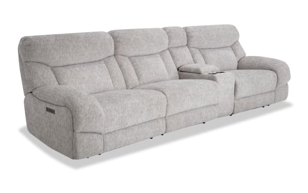 Everest Light Gray 129'' Power Reclining Sofa with Armless Recliner and Power Headrest, soft polyester fabric, contemporary style with USB charging ports and memory foam cushions.