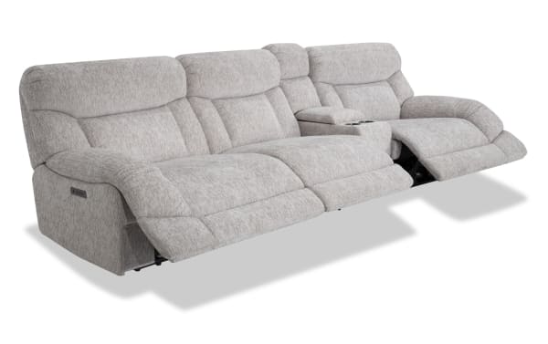 Everest Light Gray 129'' Power Reclining Sofa with Armless Recliner and Power Headrest, contemporary polyester fabric, plush cushioned seats with USB charging ports and storage console.