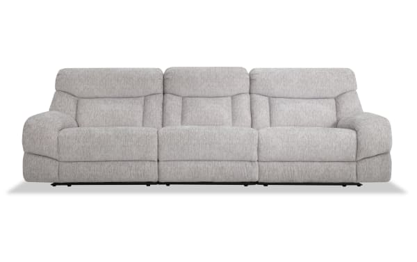 Everest Light Gray 116'' Power Reclining Sofa with Armless Chair, contemporary style, soft polyester fabric, power headrest, USB charging ports, memory foam cushions.