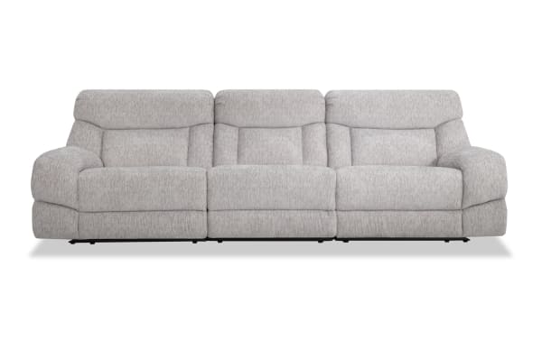 Everest Light Gray 116'' Power Reclining Sofa in soft polyester fabric with armless recliner, power headrest, USB charging, and contemporary style.