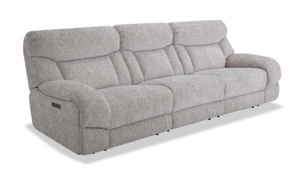 Everest Light Gray 116'' Power Reclining Sofa with Armless Recliner & Power Headrest, soft polyester fabric, contemporary style, USB charging ports, memory foam cushions.