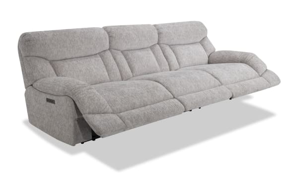 Everest Light Gray 116'' power reclining sofa with armless recliner and power headrest, contemporary polyester fabric upholstery, USB charging ports.