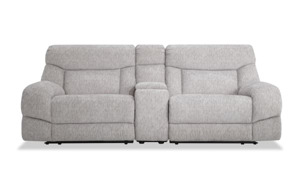 Everest Light Gray 116'' Power Reclining Console Loveseat in soft polyester fabric with power headrests, USB ports, and memory foam cushions.