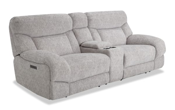 Everest Light Gray 116'' Power Reclining Console Loveseat in soft polyester fabric with power headrests, USB ports, and memory foam cushions.