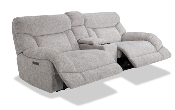 Everest Light Gray 116'' Power Reclining Console Loveseat with power headrest, soft polyester fabric, USB ports, and memory foam cushions in contemporary style.