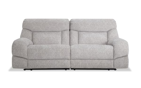 Everest Light Gray 84'' Power Reclining Loveseat with Power Headrest in soft polyester fabric, contemporary style, featuring plush cushions and USB charging ports.