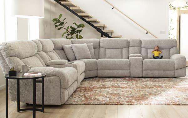 Everest Light Gray 84'' Power Reclining Loveseat with Power Headrest in soft polyester fabric, contemporary style, featuring plush cushions, USB charging ports, and memory foam padding for enhanced comfort.