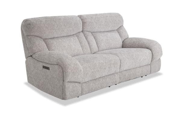 Everest Light Gray 84'' Power Reclining Loveseat with Power Headrest in soft polyester fabric, contemporary style, featuring plush cushions and USB charging ports.