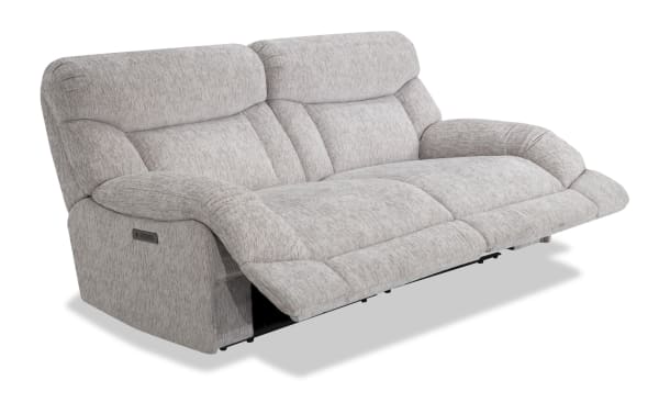 Contemporary Everest Light Gray 84'' power reclining loveseat with polyester fabric, memory foam cushions, power headrests, and USB charging ports.