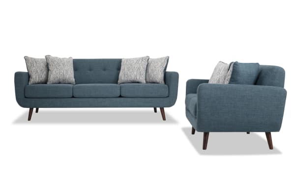 Bettie Teal 86'' Sofa & 65'' Loveseat set in mid-century modern style with teal 100% polyester fabric, tufted backs, track arms, wooden legs, and accent pillows.