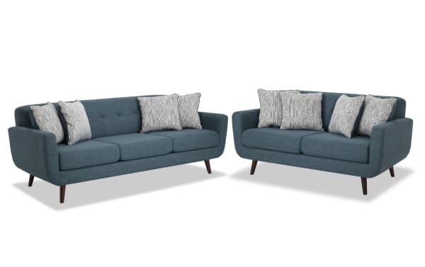Bettie Teal 86'' Sofa & 65'' Loveseat set in mid-century modern style with teal 100% polyester fabric, tufted backs, track arms, wooden legs, and patterned accent pillows.