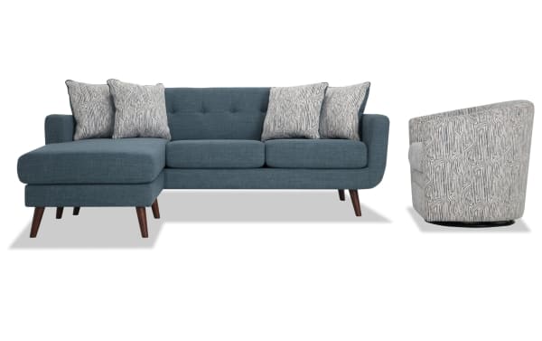 Bettie Teal 86" mid-century modern chofa and swivel chair set in blue polyester fabric with tufted back, track arms, wooden legs, and movable chaise.