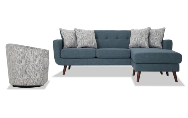 Mid-century modern Bettie Teal 86'' chofa and swivel chair set in blue polyester fabric with tufted back, track arms, wooden legs, and memory foam cushions.
