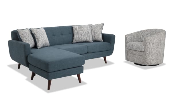 Bettie Teal 86'' Chofa and Swivel Chair set in mid-century modern style with teal polyester fabric, tufted seat back, track arms, wooden legs, and swivel function.