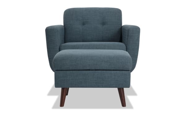 Bettie Teal Chair & Storage Ottoman in mid-century modern style, teal polyester fabric, tufted back, track arms, wooden legs, and memory foam seat.