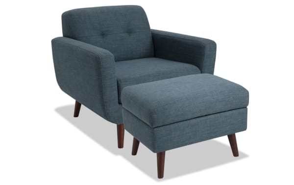 Bettie Teal Chair & Storage Ottoman set in mid-century modern style, teal polyester fabric, tufted back, track arms, wooden legs, storage ottoman.