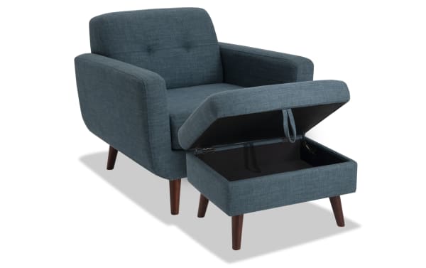Bettie Teal Chair & Storage Ottoman in mid-century modern style with teal polyester fabric, tufted back, track arms, wooden legs, and ottoman storage.
