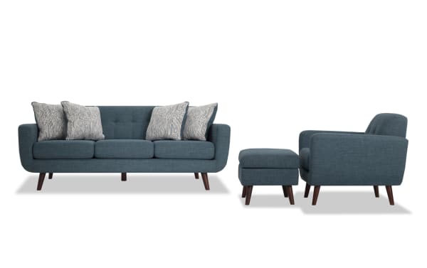 Bettie Teal 86'' Sofa, Chair & Storage Ottoman set in mid-century modern style with teal polyester fabric, tufted backs, slender wooden legs, and storage ottoman.