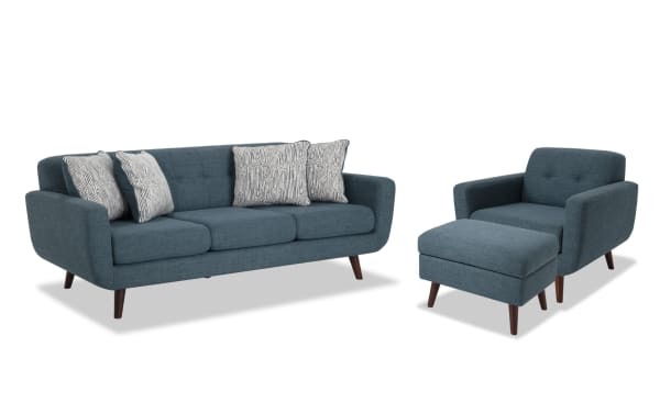 Bettie Teal 86" mid-century modern sofa, chair, and storage ottoman set in blue polyester fabric with tufted backs, track arms, wooden legs, and accent pillows.