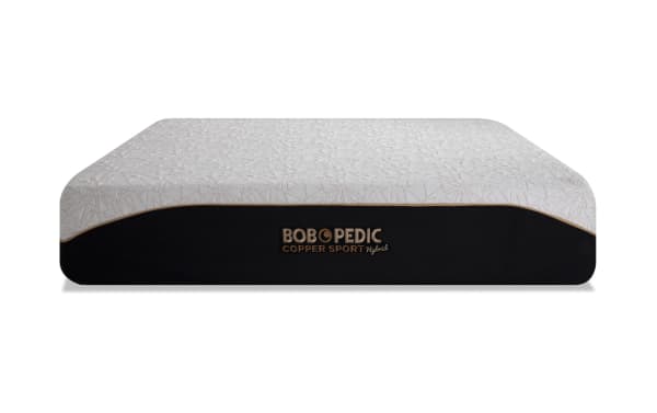 Bob-O-Pedic Copper Sport Hybrid 11.5'' King Plush Mattress with cool-touch copper thread cover, black base, and white patterned top for temperature regulation and pressure relief.