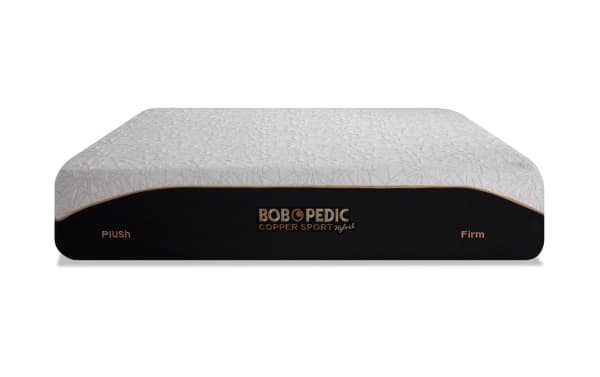 Bob-O-Pedic Copper Sport Hybrid 11.5'' Queen Dual Mattress with plush and firm sides, white patterned top, and black copper-infused cover for temperature regulation and pressure relief.