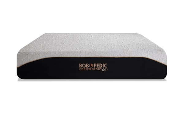 Bob-O-Pedic Copper Sport Gel 11.5'' Queen Plush Mattress with temperature-regulating copper gel memory foam, white quilted top, and black base panel.