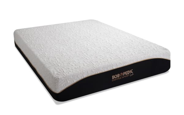 Queen plush mattress from Bob-O-Pedic Copper Sport collection, featuring a white textured top with copper thread accents and black sides, designed with copper gel memory foam for temperature regulation and pressure relief.