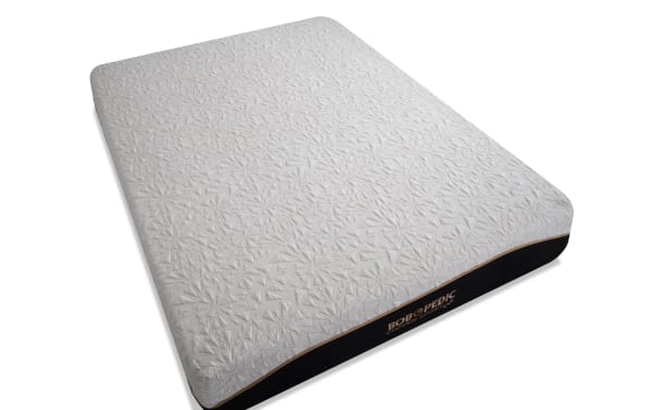 Copper Sport Gel 11.5'' Queen Plush Mattress from Bob-O-Pedic with textured white cover, black side panel, and copper trim, featuring temperature-regulating copper threads and gel memory foam layers for plush support and cooling comfort.