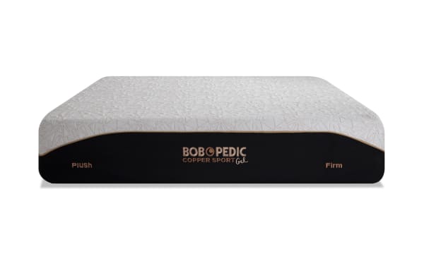 Bob-O-Pedic Copper Sport Gel 11.5'' Queen Dual Mattress with plush and firm sides, white quilted top, black base, and copper thread accents.