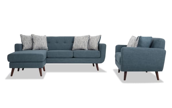 Bettie Teal 86'' Chofa & 65'' Loveseat set in mid-century modern style with teal polyester fabric, tufted seat backs, track arms, wooden legs, and accent pillows.