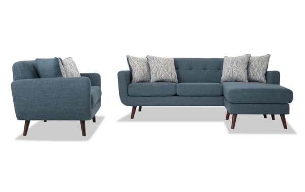 Teal Bettie collection mid-century modern 86" chofa and 65" loveseat set with tufted polyester fabric, track arms, wooden legs, and accent pillows.