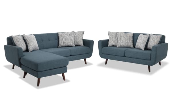 Bettie Teal mid-century modern 86" chofa with adjustable chaise and 65" loveseat set in blue polyester fabric, tufted backs, track arms, wooden legs, and accent pillows.