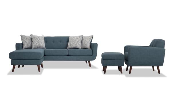 Bettie Teal 86'' Chofa, Chair & Storage Ottoman set in mid-century modern style with teal polyester fabric, tufted backs, track arms, wooden legs, and storage ottoman.