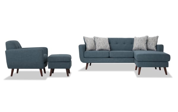 Bettie Teal 86'' Chofa, Chair & Storage Ottoman set in mid-century modern style with teal polyester fabric, tufted backs, wooden legs, and storage ottoman.