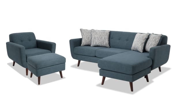 Bettie Teal 86'' Chofa, Chair & Storage Ottoman set in mid-century modern style with teal polyester fabric, tufted backs, wooden legs, and storage ottoman.