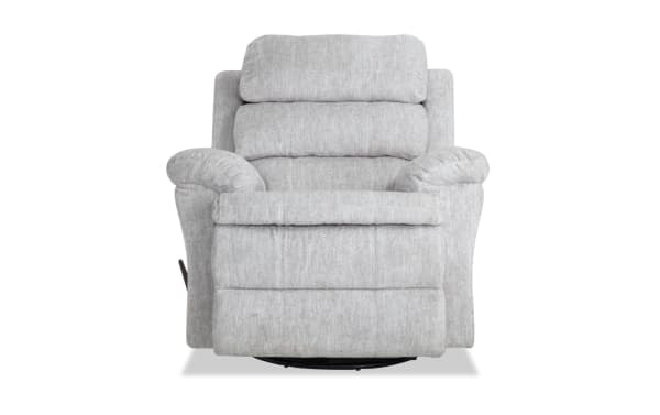 Traditional Bob-O-Pedic® Parchment swivel manual gliding recliner in soft white polyester fabric with plush memory foam cushioning for ultimate comfort.
