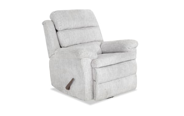Traditional Bob-O-Pedic® Parchment Swivel Manual Gliding Recliner in soft white polyester fabric with plush memory foam cushioning and padded armrests.